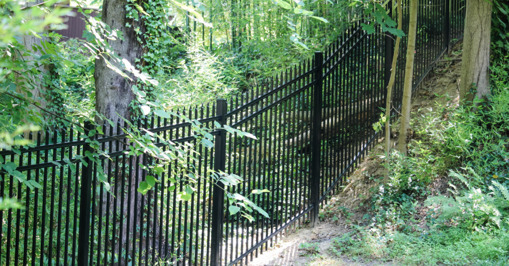 Aluminum picket fence installed on incline