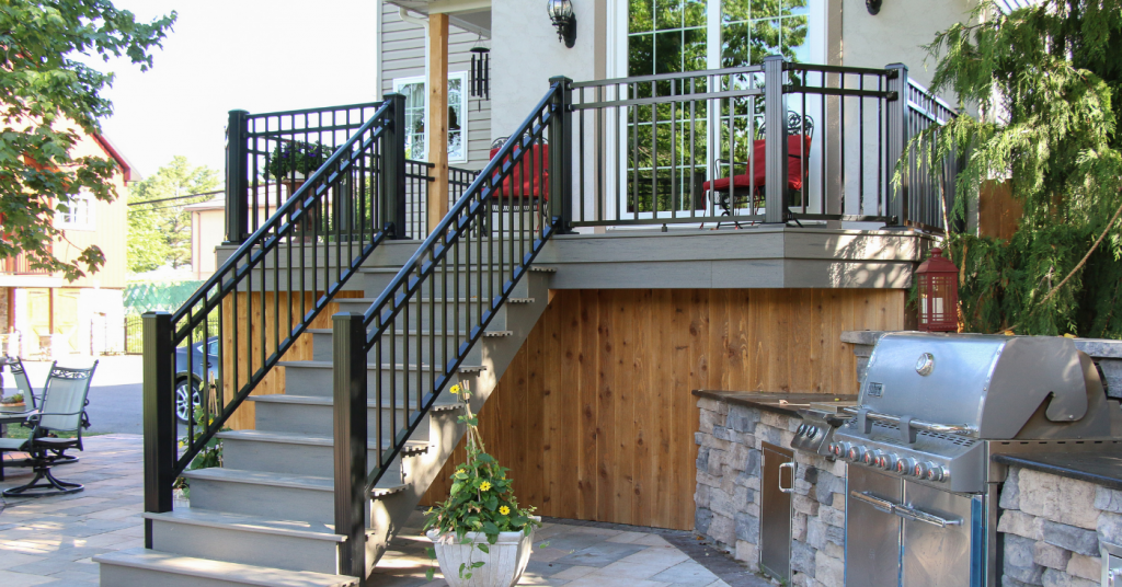 wooden deck and vinyl railing deck in fall