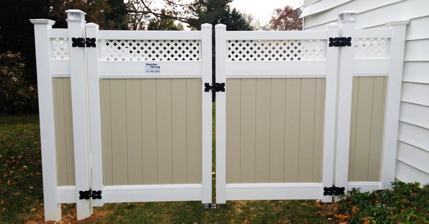 two tone vinyl fence with a lattice top